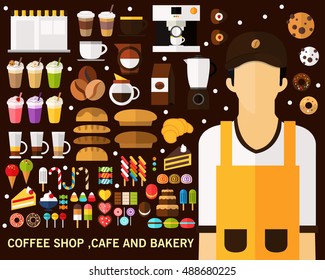 coffee shop ,cafe and bakery concept background. Flat icons.