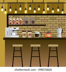 Coffee shop cafe bar interior flat illustration.