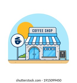 Coffee Shop Cafe Building In Day Time Vector Flat Illustration