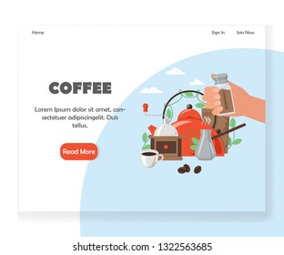 Coffee shop, cafe and coffeehouse landing page template. Vector flat style design concept for website and mobile site development. Healthy cinnamon spiced turkish coffee.
