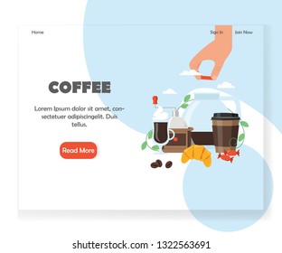 Coffee shop, cafe and coffeehouse landing page template. Vector flat style design concept for coffee information website and mobile site development.