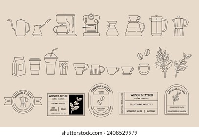 Coffee, coffee shop and cafe collection of illustrations and elements. Coffee beans, plants, cups, coffeepot, package, grinder, filter and espresso machine,. Vector linear style design