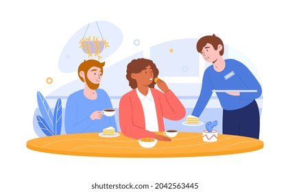 Coffee Shop or Cafe concept. Man and woman sitting at table, eating cake and drinking coffee. Waiter brings order on tray. Spending time together. Cartoon flat vector illustration on white background