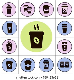Coffee shop cafe concept vector icon set. Set of cafe items, various cups, coffee,  beverage glasses, fast food, street food, tea pots signs and symbols.