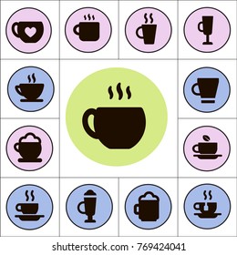Coffee shop cafe concept vector icon set. Set of cafe items, various cups, coffee,  beverage glasses, fast food, street food, tea pots signs and symbols.