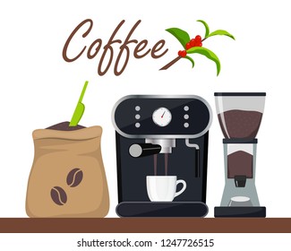 Coffee shop or cafe design illustration with coffee machine, sack with beans, grinder, cup. Tree branch with leaves and coffee berries. Advertising design template, vector