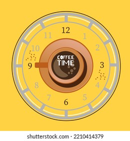 Nehmen Sie ein Kaffeepausenbanner. Gelbes kreatives Poster mit Text Kaffeezeit, Wanduhr und Tasse heißen Drinks. Kaffeehaus, Café Design Vorlage flach Vektorgrafik.