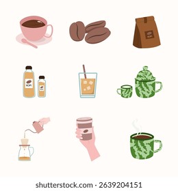 Coffee shop and cafe element set. Flat vector illustration.