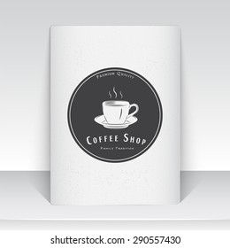 Coffee shop and cafe. The food and service. Old school of vintage label. Sheet of white paper. Monochrome typographic labels, stickers, logos and badges. Flat vector illustration