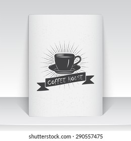 Coffee shop and cafe. The food and service. Old school of vintage label. Sheet of white paper. Monochrome typographic labels, stickers, logos and badges. Flat vector illustration