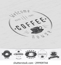 Coffee shop and cafe. The food and service. Old retro vintage grunge. Scratched, damaged, dirty effect. Monochrome typographic labels, stickers, logos and badges. Flat vector illustration