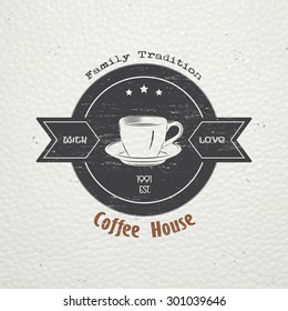 Coffee shop and cafe. The food and service. Old retro vintage grunge. Scratched, damaged, dirty effect. Typographic labels, stickers, logos and badges. Flat vector illustration