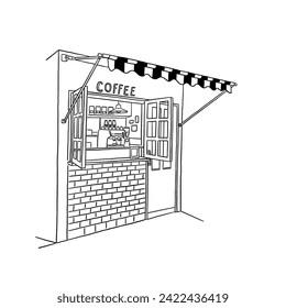 Coffee shop Cafe Front window Small Business Hand drawn line art illustration 