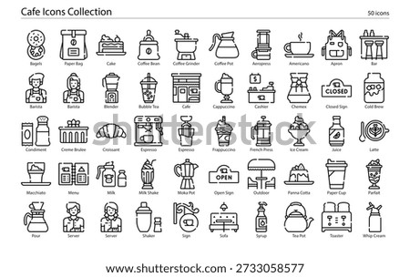 Coffee shop and cafe icons featuring beverages, cafe equipment, seating, and coffee shop elements.
