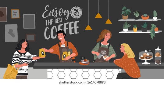 Coffee shop or cafe interior design and scene. Character of Girl barista make cappuccino art and happy cafe customer. Scandinavian style interior with houseplants and handwritten quote. Cartoon vector