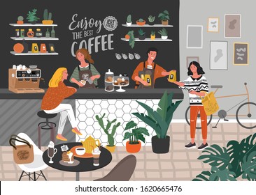 Coffee shop or cafe interior design and scene. Character of Girl barista make cappuccino art and happy cafe customer. Scandinavian style interior with houseplants and handwritten quote. Cartoon vector