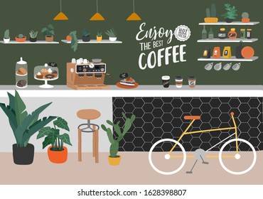 Coffee shop or cafe interior design. Scandinavian style interior with houseplants and handwritten quote text. Cartoon hand drawn vector illustration
