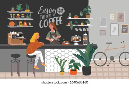 Coffee shop or cafe interior design and scene. Character of Girl barista make cappuccino art and happy cafe customer. Scandinavian style interior with houseplants and handwritten quote. Cartoon vector