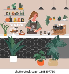 Coffee shop or cafe interior design and scene. Character of Girl barista make cappuccino art. Scandinavian style interior with houseplants and handwritten quote text. Cartoon vector