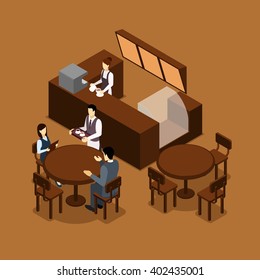 Coffee shop cafe interior isometric banner in brown tints with barista and waiter serving visitors abstract vector illustration 