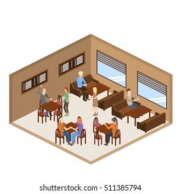 Coffee shop cafe interior isometric banner in brown tints with waiter serving visitors isometric vector illustration