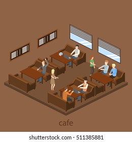 Coffee shop cafe interior isometric banner in brown tints with waiter serving visitors isometric vector illustration