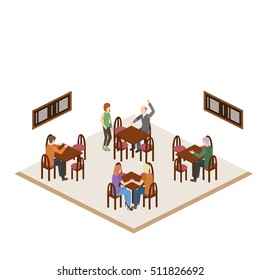 Coffee shop cafe interior isometric banner in brown tints with waiter serving visitors isometric vector illustration