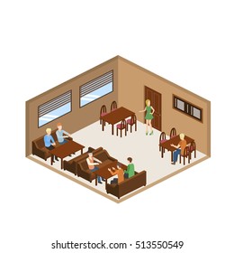 Coffee shop cafe interior isometric banner in brown tints with waiter serving visitors isometric vector illustration