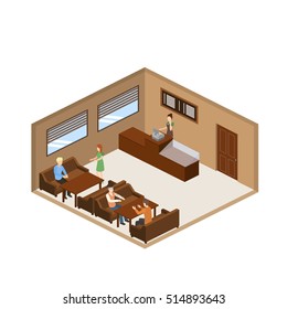 Coffee shop cafe interior isometric banner in brown tints with barista and waiter serving visitors isometric vector illustration