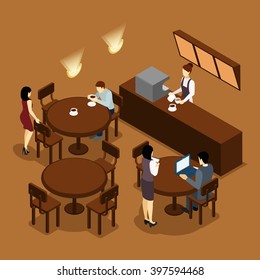 Coffee shop cafe isometric banner in brown tints with barista and waitress serving visitors abstract vector illustration 