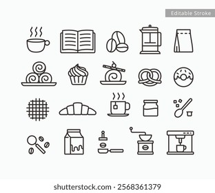 Coffee shop cafe line art icons set. Coffee shop symbols collection template. Editable stroke