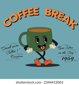 Coffee shop or cafe logo or print design with walking cup of coffee mascot and typographic composition isolated on blue background. Vector illustration