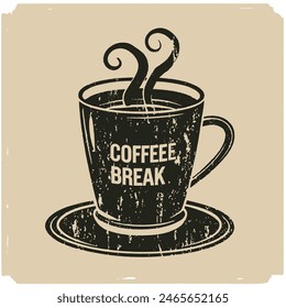 Coffee shop or cafe logo or print design with a cup of coffee and typographic coffee break  isolated on brown background. Vector illustration