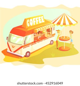 Coffee Shop Cafe In Mini Bus On Sunny Day With Outdoors Table