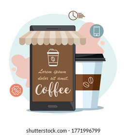 Coffee Shop Cafe As A Mobile Phone And Coffee Cup. Order Food And Drink Concept. 