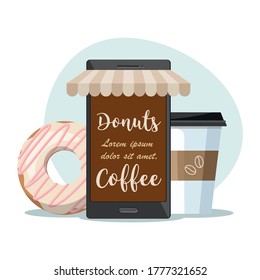 Coffee shop cafe. Mobile phone, coffee cup and donut. Order food and drink concept. 