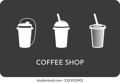 Coffee shop, cafe, restaurant design in black and white. Three types of takeaway cups isolated on dark background. Outline and gradient. For business card, leaflet, decoration, packaging, logo, icon