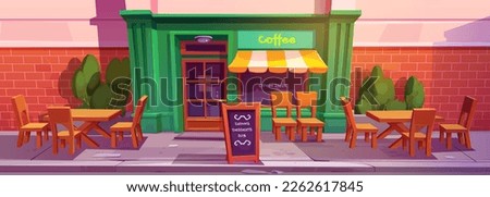 Coffee shop, cafe or restaurant exterior on city street. Building facade with cafeteria storefront with door, awning and window, signboard, tables and chairs outdoor, vector cartoon illustration