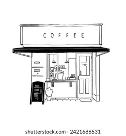 Café Café-Schaufenster mit Beschilderungsmenü Kleines Unternehmen in der Stadt handgezeichnete Kunstgrafik-Illustration