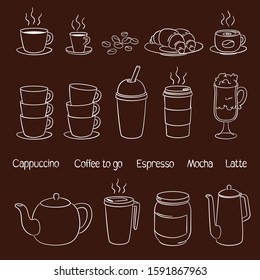 Coffee shop, cafe and vendors decoration. Vector set. Isolated cartoon items on brown background. Caps, bowls, paper cups, bakery and other stuff. 