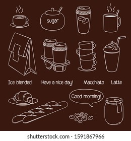 Coffee shop, cafe and vendors decoration. Vector set. Isolated cartoon items on brown background. Caps, bowls, paper cups, bakery and other stuff. 