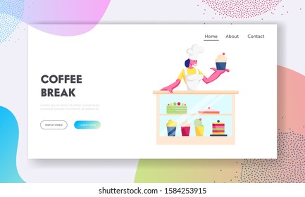 Coffee Shop or Cafe Website Landing Page. Baker in White Uniform and Toque Stand at Showcase with Sweet Production Assortment Holding Cake in Bakery Web Page Banner. Cartoon Flat Vector Illustration