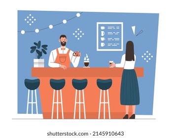 Coffee shop or cafeteria concept. Stylish restaurant with visitors. Young woman drinks hot drink. Male barista pours delicious coffee and smiles. Cartoon contemporary flat vector illustration