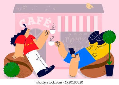 Coffee shop, cafeteria, drinking hot drinks concept. Young couple sitting on summer veranda of cafe and drinking coffee together during meeting vector illustration