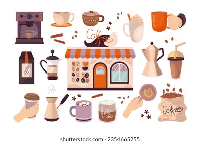 Coffee shop and caffeine products vector illustrations set. Latte, cocoa, espresso cups and mugs, teapot, machine, coffee beans bag on white background. Coffee culture, breakfast concept