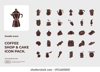 Coffee shop and cake concept doodle icon set. silhouette glyph solid style food Icons sign symbol vector illustration