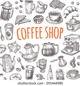 Coffee shop card. Hand drawn vector illustration. Maker, cup, pot, mug, donut, croissant, grinder, sugar, mill and other. Can be used for menu, bar, shop, cafe, restaurant, banner, poster, placard.