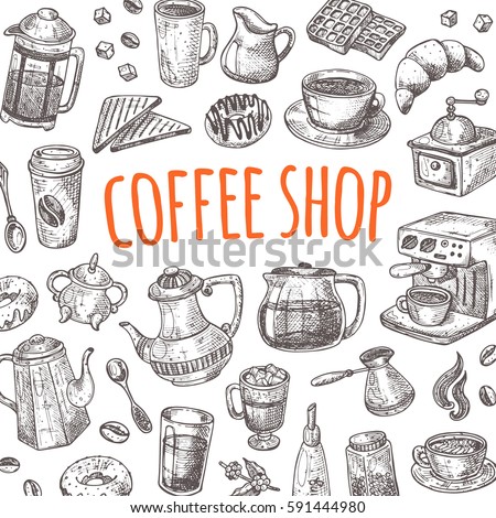 Coffee shop card. Hand drawn vector illustration. Maker, cup, pot, mug, donut, croissant, grinder, sugar, mill and other. Can be used for menu, bar, shop, cafe, restaurant, banner, poster, placard.