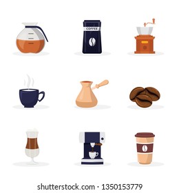 Coffee shop cartoon flat vector illustrations set. Barista equipment. Coffee-making pack. Hot drink, cezve, coffee beans, machine, disposable paper cup. Take away latte, cappuccino, espresso