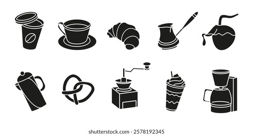 Coffee shop chalk art vector illustration collection. Cafeteria menu chalk drawing icon set. Breakfast cafe products black silhouette symbols. Coffee cup sign. Espresso, cappuccino, ice latte drinks.